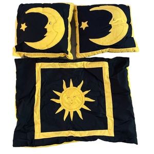 Celestial handmade yellow/black sun, moon & star toss pillows & 1 sun pillowcase